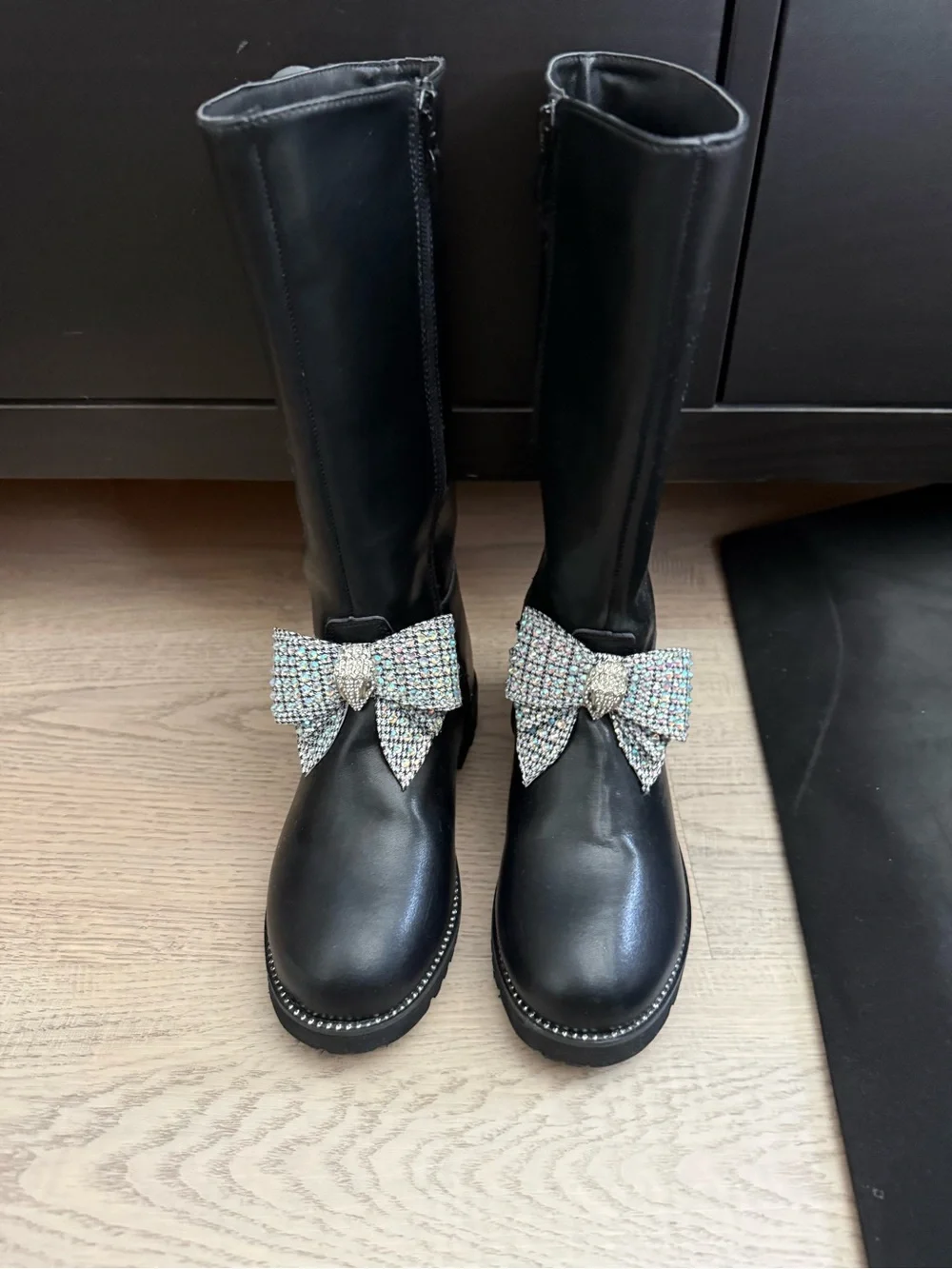 Black Tall kids Boots with Rhinestone Bow Accent